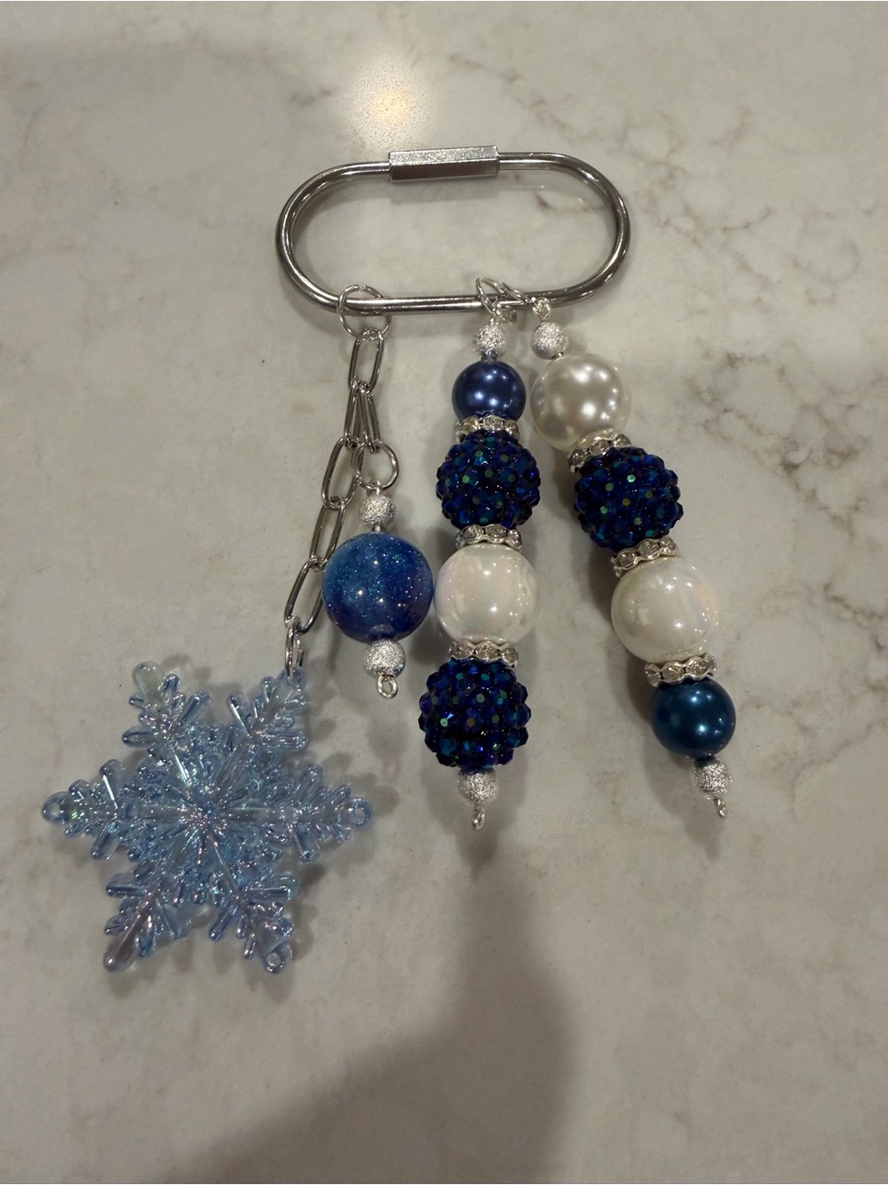 Beaded Snowflake Keychain Bag Charm - Blue and White